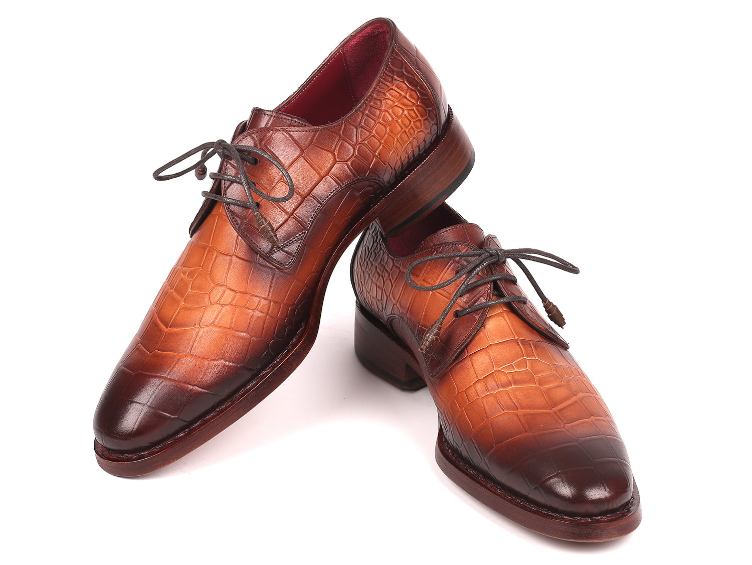Paul Parkman Brown Crocodile Embossed Calfskin Goodyear Welted Derby shoes showcasing luxurious hand-painted finish and elegant design.